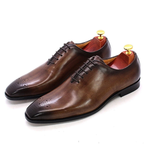 Handmade Men's Brown Patina Leather Formal Dress Shoes