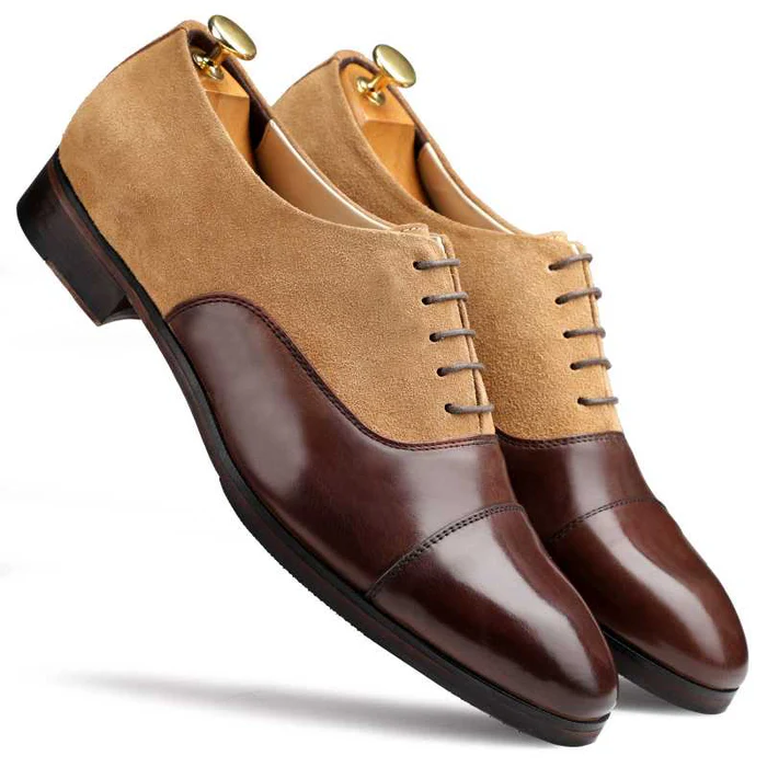 Men's Brown-Beige Suede Leather Cap Toe Dress Shoes Marloux Men's Brown-Beige Suede Leather Cap Toe Dress Shoes Marloux