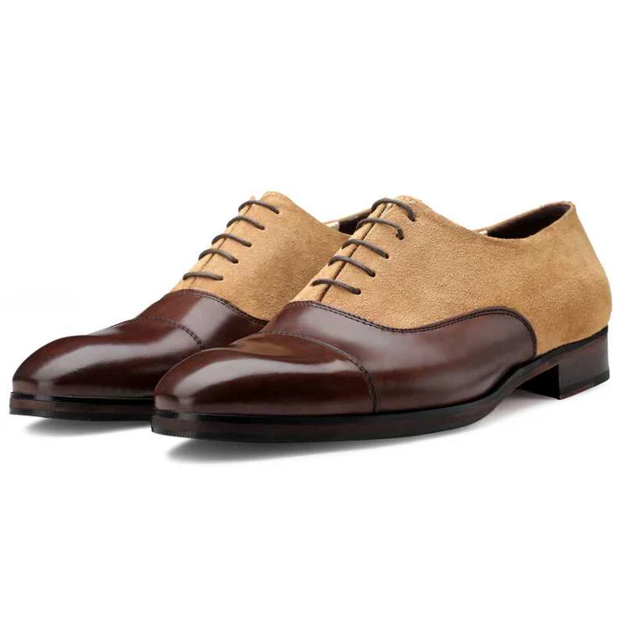 Men's Brown-Beige Suede Leather Cap Toe Dress Shoes Marloux Men's Brown-Beige Suede Leather Cap Toe Dress Shoes Marloux