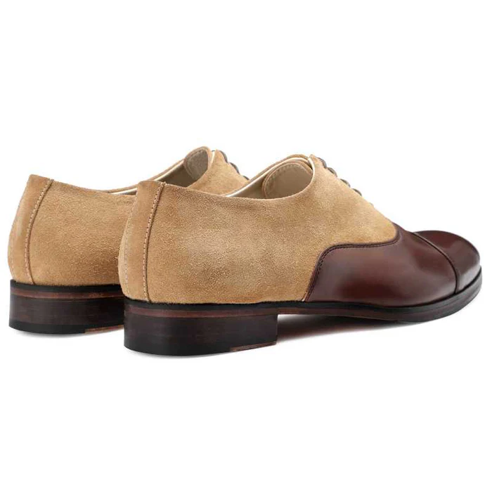 Men's Brown-Beige Suede Leather Cap Toe Dress Shoes Marloux Men's Brown-Beige Suede Leather Cap Toe Dress Shoes Marloux