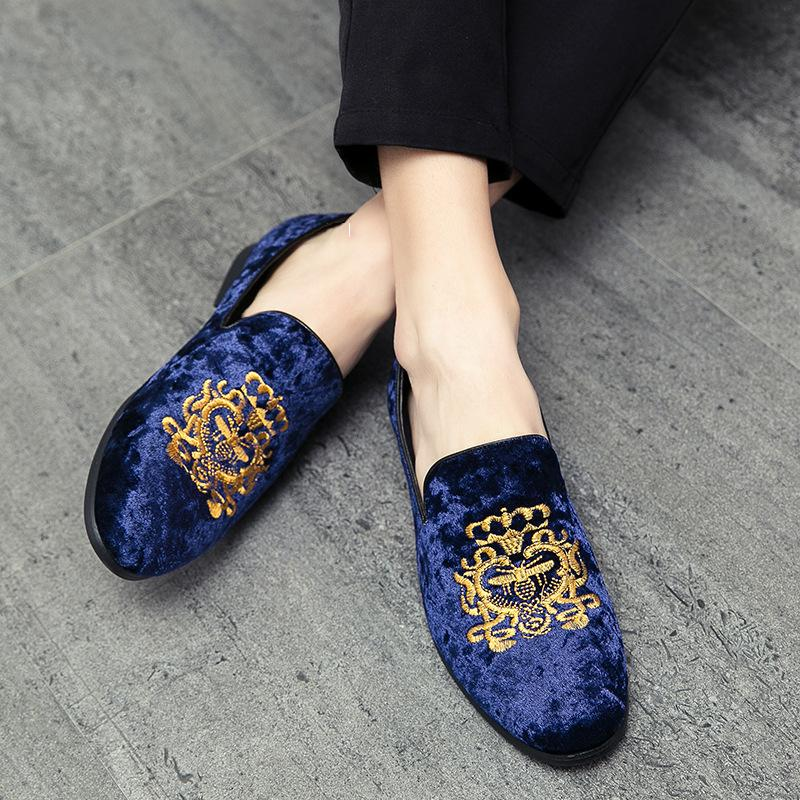 Handmade Men's Blue Embroidered Velvet Luxury Loafers