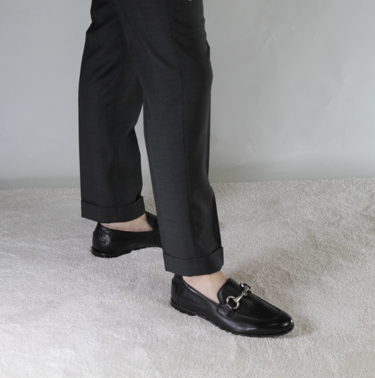 Men's black leather moccasin with horsebit