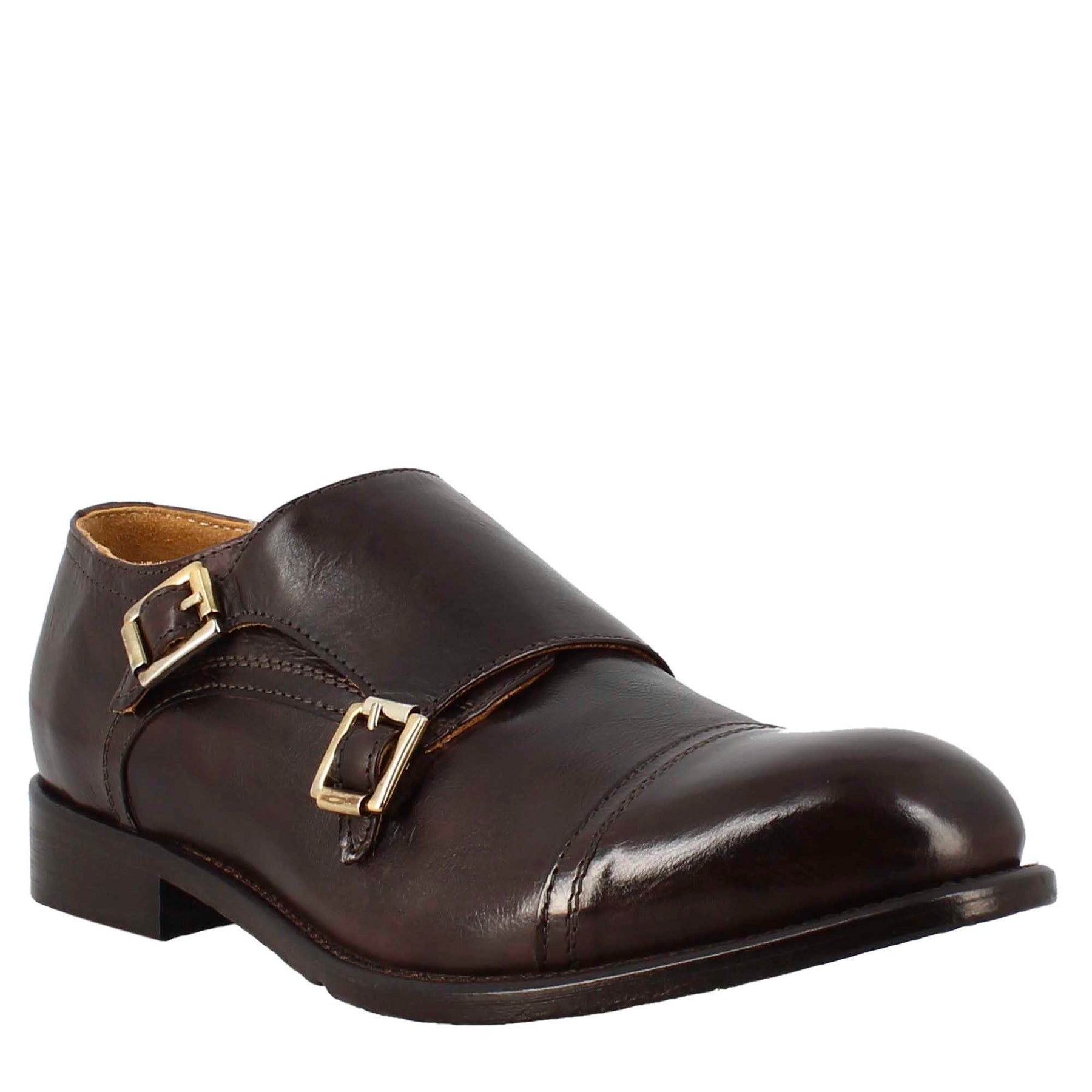 Men's double buckle shoe in sienna brown leather Marloux Men's double buckle shoe in sienna brown leather Marloux